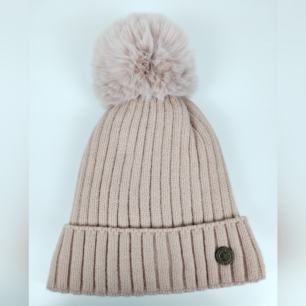 Women’s Dusty Pink Lined Winter Beanie  Ribbed Knit Hat with Faux Fur Pom